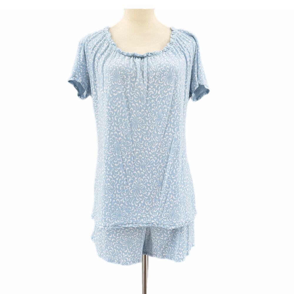 Nottibianche Blue White Short Sleeve Ruffle Hem Elastic Waist Shorts Pajama Set